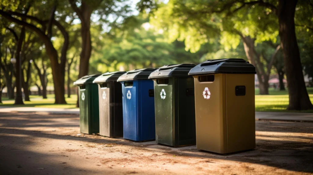 American Vet Solutions color-coded recycling bins in a park promoting eco-friendly waste management and sustainability services