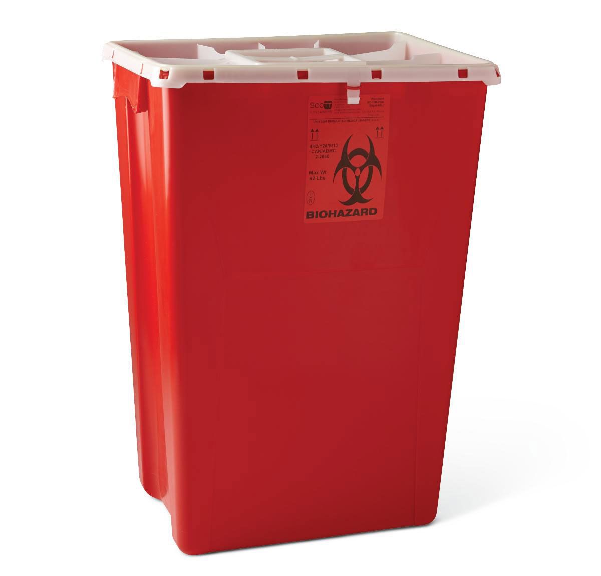 Red biohazard medical-waste collection container with a closed white lid