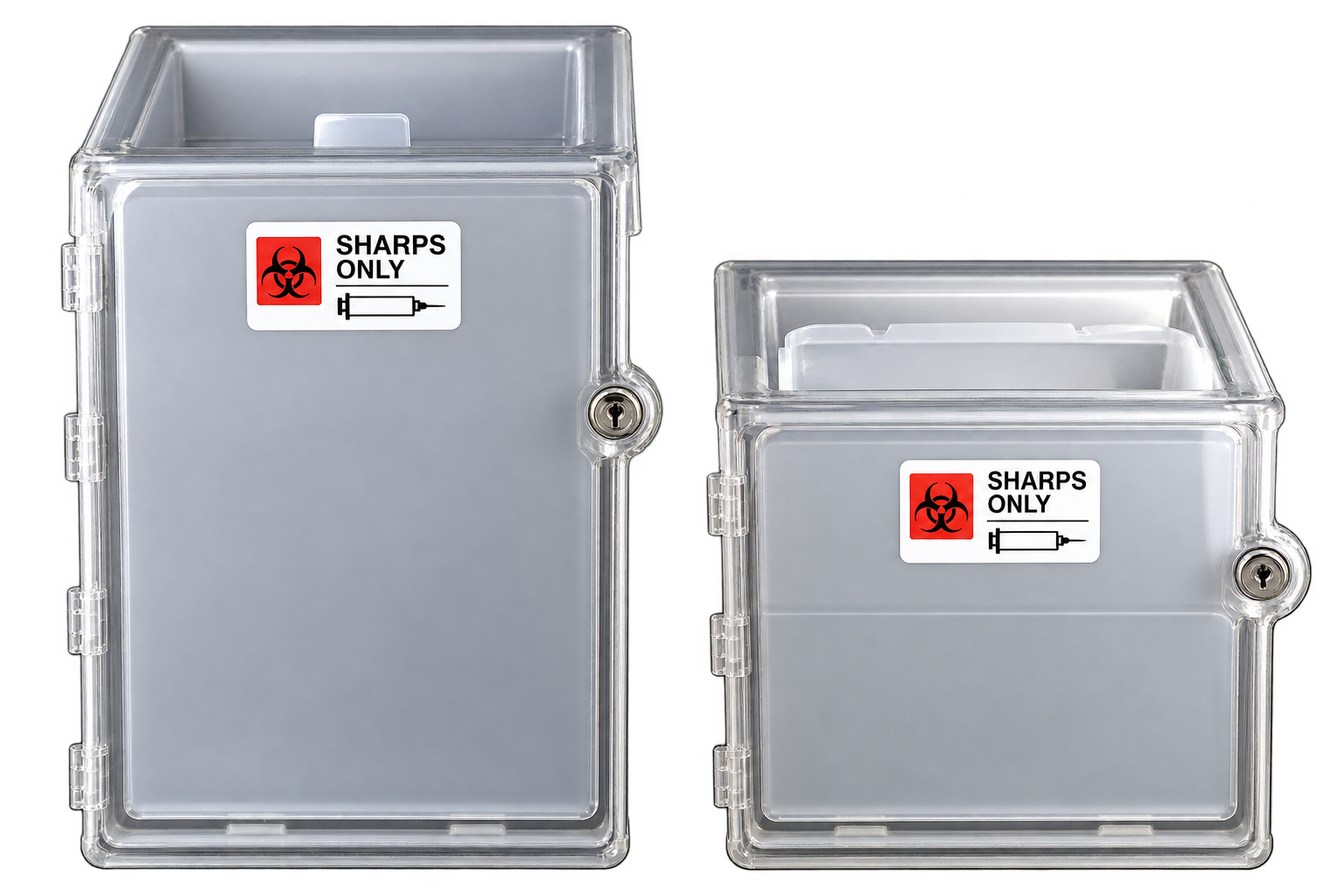 Two gray reusable sharps collection containers with secure locking lids